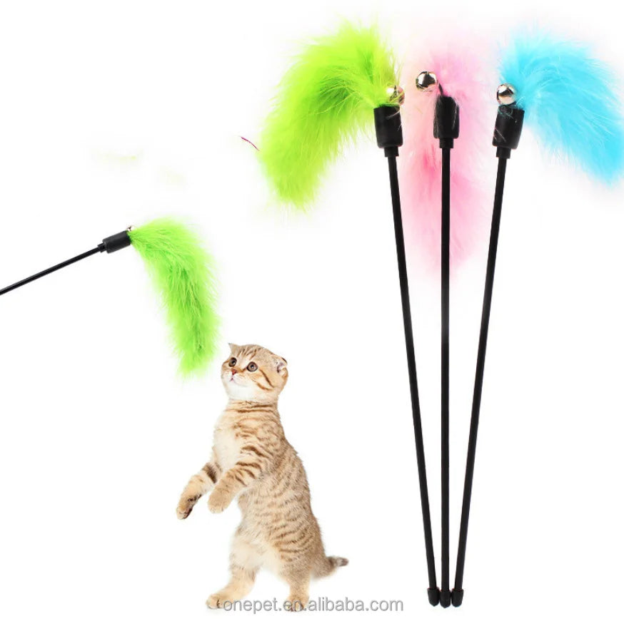 Small Size Funny Cat Stick Toy Interactive Teaser Solid Color Feather Bell Pet Cat Lovely and Simple Style