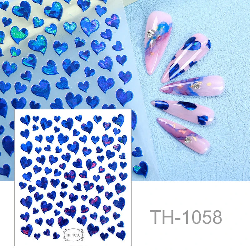 BIN Blue Color Heart Valentine's Day Love Shape Laser Adhesive Nail Stickers for Salon