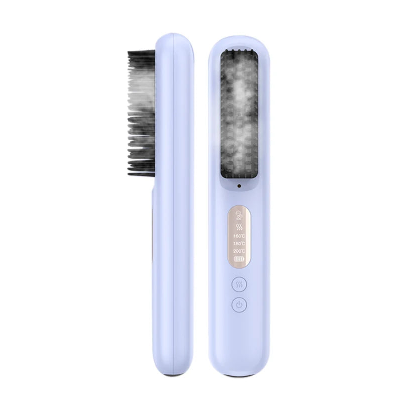 Portable Wireless Electric Hair Straightener Brush with Quick Heating Negative Ion and Hot Comb Plastic Handle Hair Styler