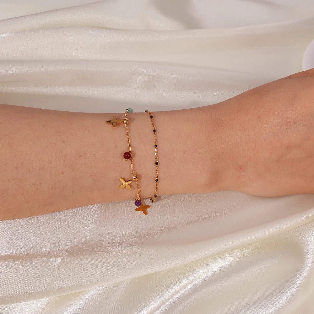 Bohemian Colorful Natural Stone Bead Flower Chain Stainless Steel Beach Bracelet Women Exquisite Summer Jewelry Tarnish Free