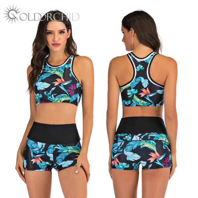 New Design Eco-Friendly Breathable High Waist Floral Print Polyester Beachwear Women Two Piece Swimsuit Set