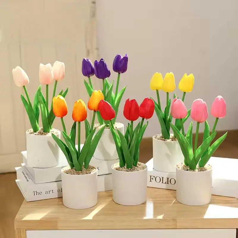 Home New Chinese Style Artificial Three Heads Pu Tulip Bonsai Decoration Office Plastic Green Plant Bonsai Simulation