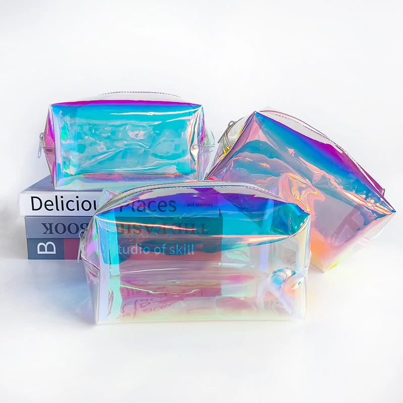 Wholesale Blue PVC Holographic Travel Makeup Pouch - Clear Transparent Cosmetic Bags With Holographic Bag Makeup