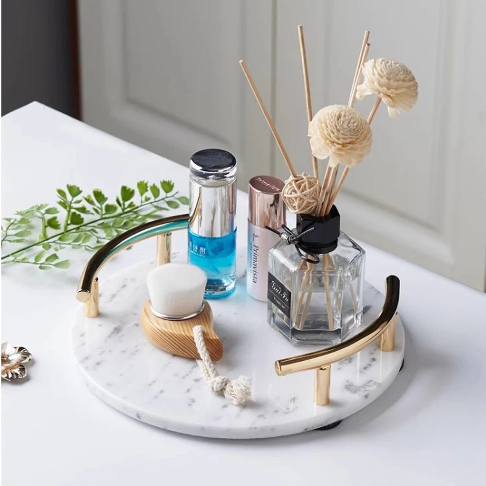 Wholesale Luxury Modern Round Serving Tray 25cm Dia in White Green Grey Marble with Gold Handle Dishes & Plates