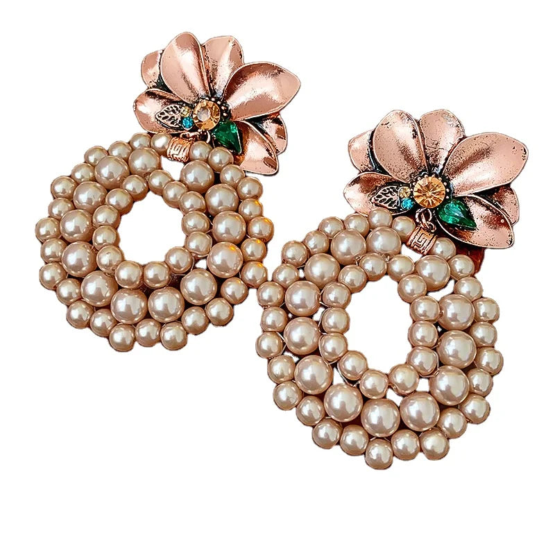 2024 Statement Jewelry Rose Gold Plated Flower Dangle Earrings Make Old Flower Baroque Pearl Earrings