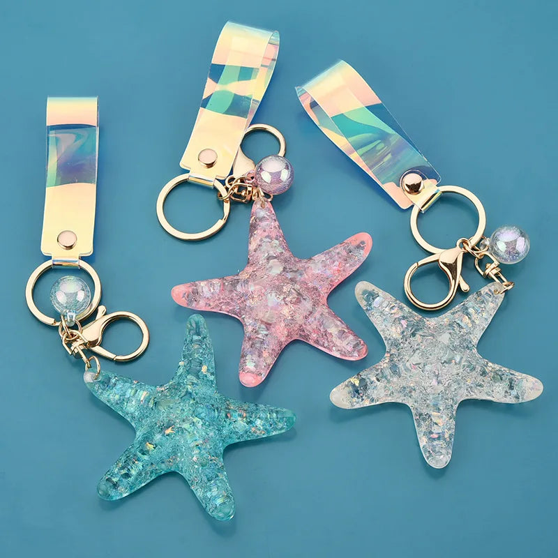Good Quality Promotional Gift Colorful Hanging Ornament Simulation Crystal Bling Acrylic Transparent Starfish Keychain