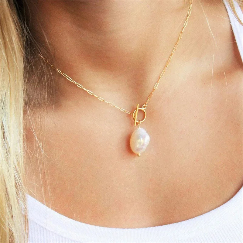 Zooying Freshwater Pearls Necklace Stainless Steel 18K PVD Plated Waterproof Necklace Baroque Pearl OT Closure Necklace