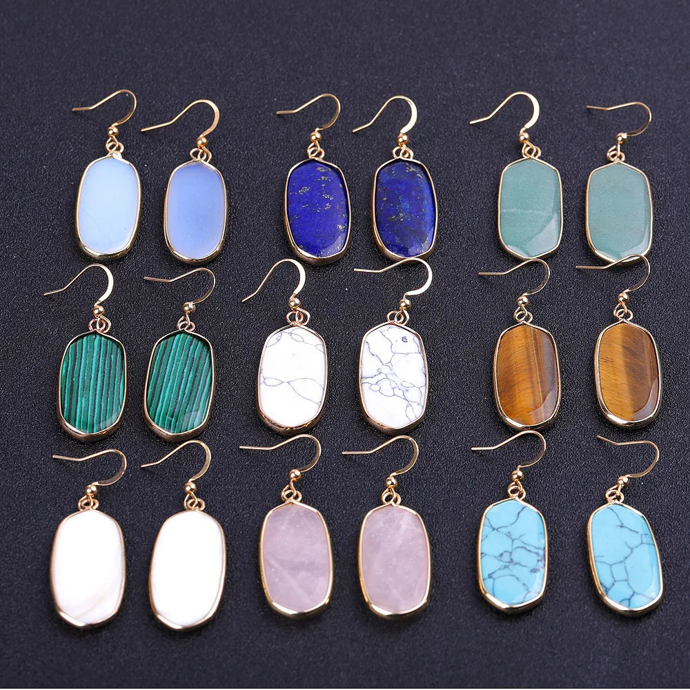 Fashion Colorful Geometric Natural Stone Opal Tiger Eye Rose Quartz Green Aventurine Jade Turquoise Hook Earring Women Girls