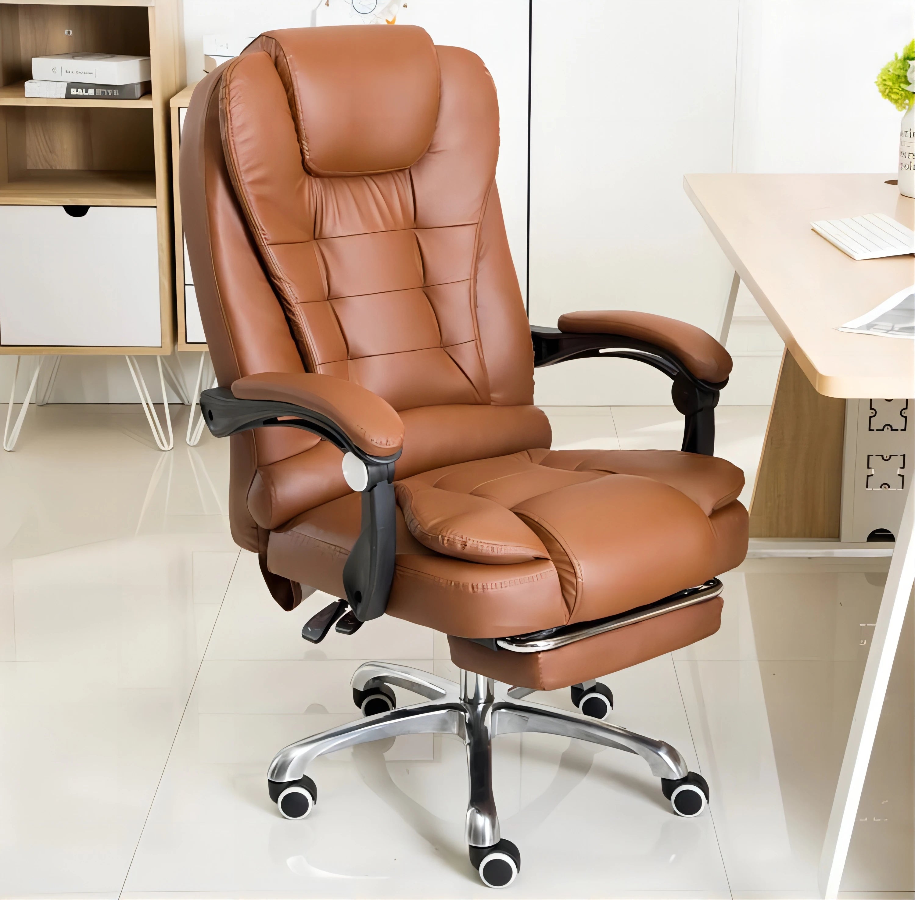 Hot Sell Brown PU Adjustable Height Boss Chair With Footrest Soft Massage Office Chairs