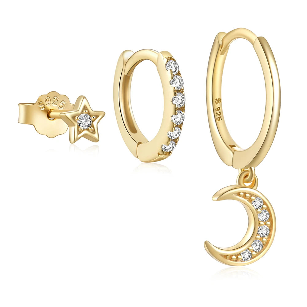 Fashion Silver Jewelry Women 925 Sterling Silver Moon and Star Earrings Sets Gold Plated Hoop Earrings for Women Dropshipping