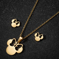Fashion Tarnish Free Silver 18K Gold Plated Stainless Steel Women Mickey Head Minnie Mouse Earring Necklace Jewelry Set