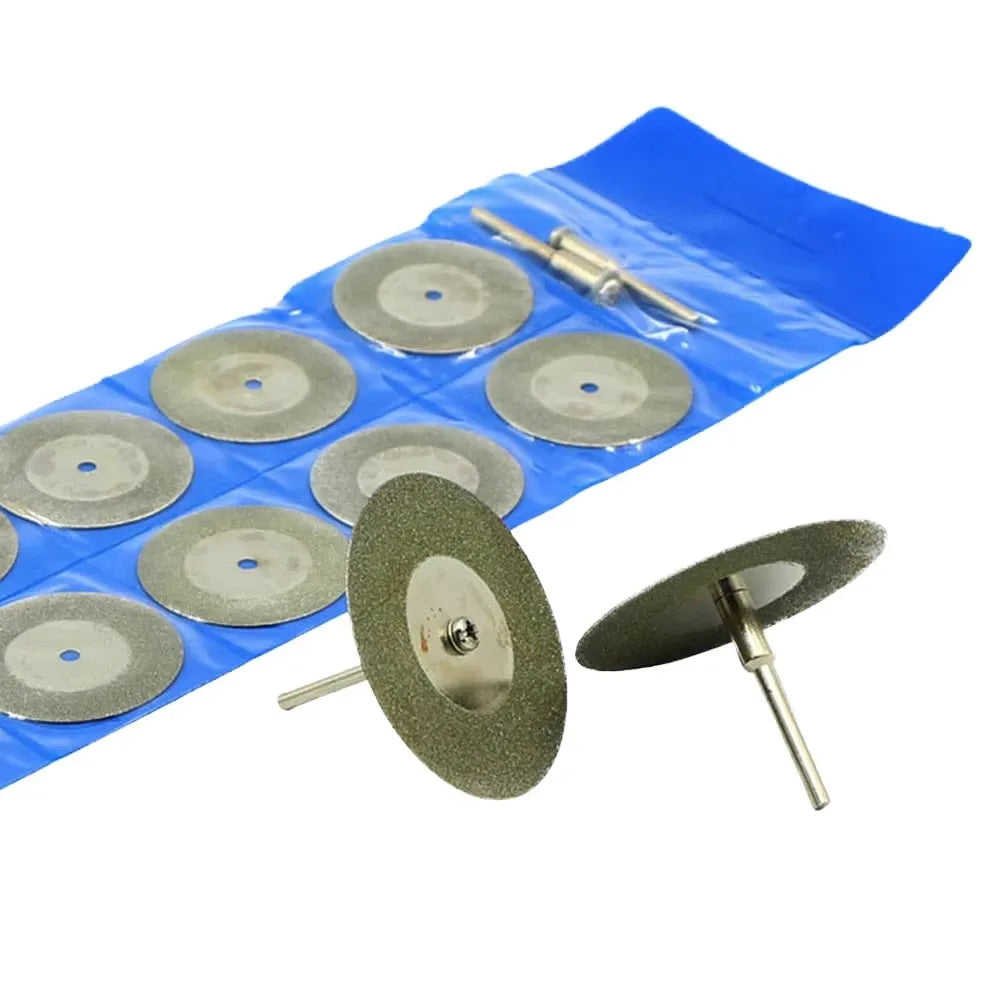 10pcs 30mm Laser Welded Industrial Ti-Coated Diamond Cutting Discs Cut Mini Saw Blade 2pcs Connecting 3mm Shank Dremel Drill Fit