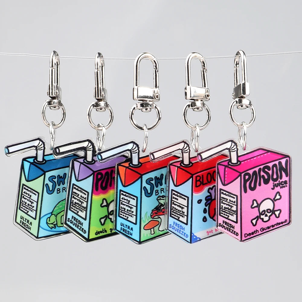 Best-Selling Cute Cartoon Milk Carton Juice Box Design Key Pendant UV Printed Acrylic Keyring for Parties