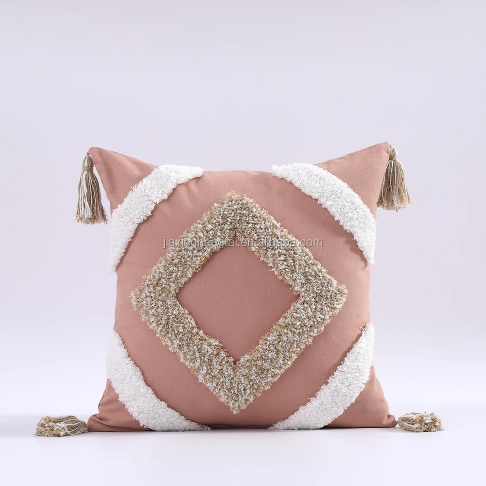 Pink Blue Main Color Moroccan Tassel Embroidery Family Decoration Pillowcase