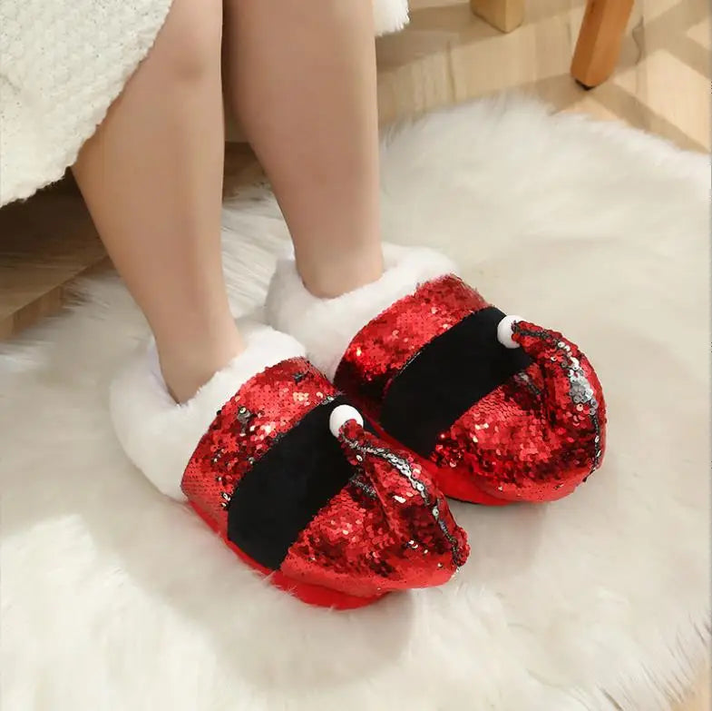Christmas Hat Shoes Fashion Santa Claus Red Sequins Slippers Women Winter Home Slipper for Christmas Holiday