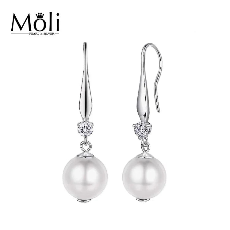 Hot Sale Platinum Plated 925 Sterling Silver Freshwater Pearl 8-9mm Hook Drop Earrings for Wedding Bride Earrings
