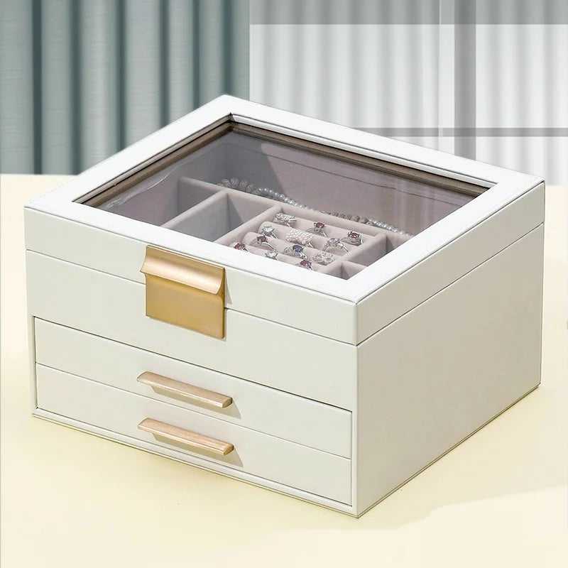 Large Luxurious Rectangle Shape Exquisite Three-Layer Drawer Design Jewelry Storage Box for Home Storage-for Necklaces Earrings