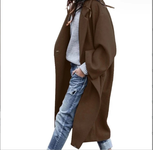 2023 Autumn/Winter European and American Women's Casual Long Coat Solid Color Warm Woolen Coat