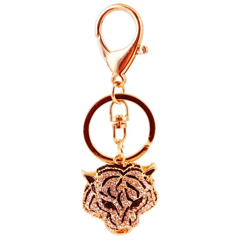 Bling Gold Metal Rhinestone Creative Crafts Leopard Head Keychain Purse Pendant Men's Keyring Ladies Bag Accessories Gift