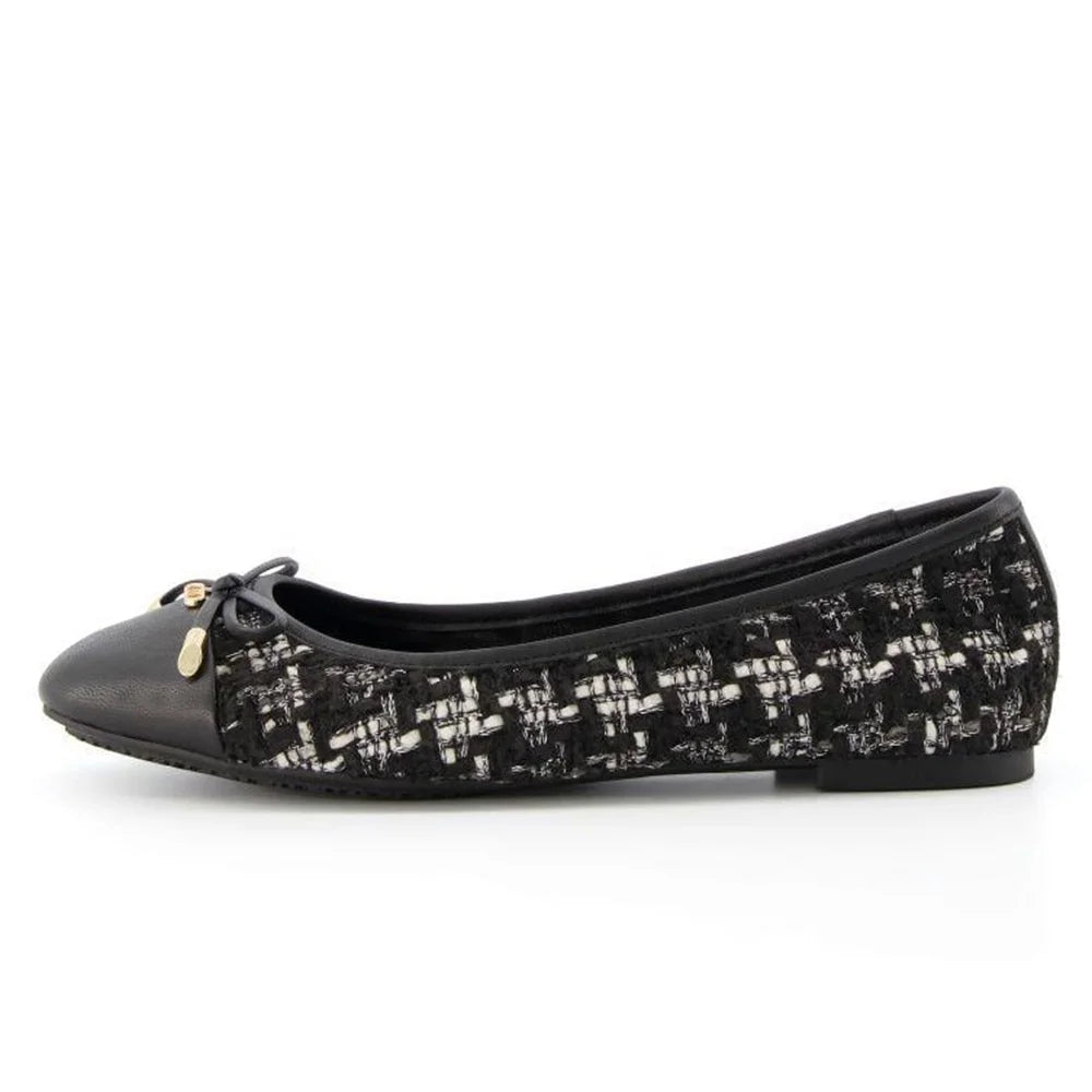 Comfortable Anti-Slip Summer Ballerina Flats Genuine Leather Cap Toes Ballet Shoes Black White Plaid Tweed Plus Size Slip-On