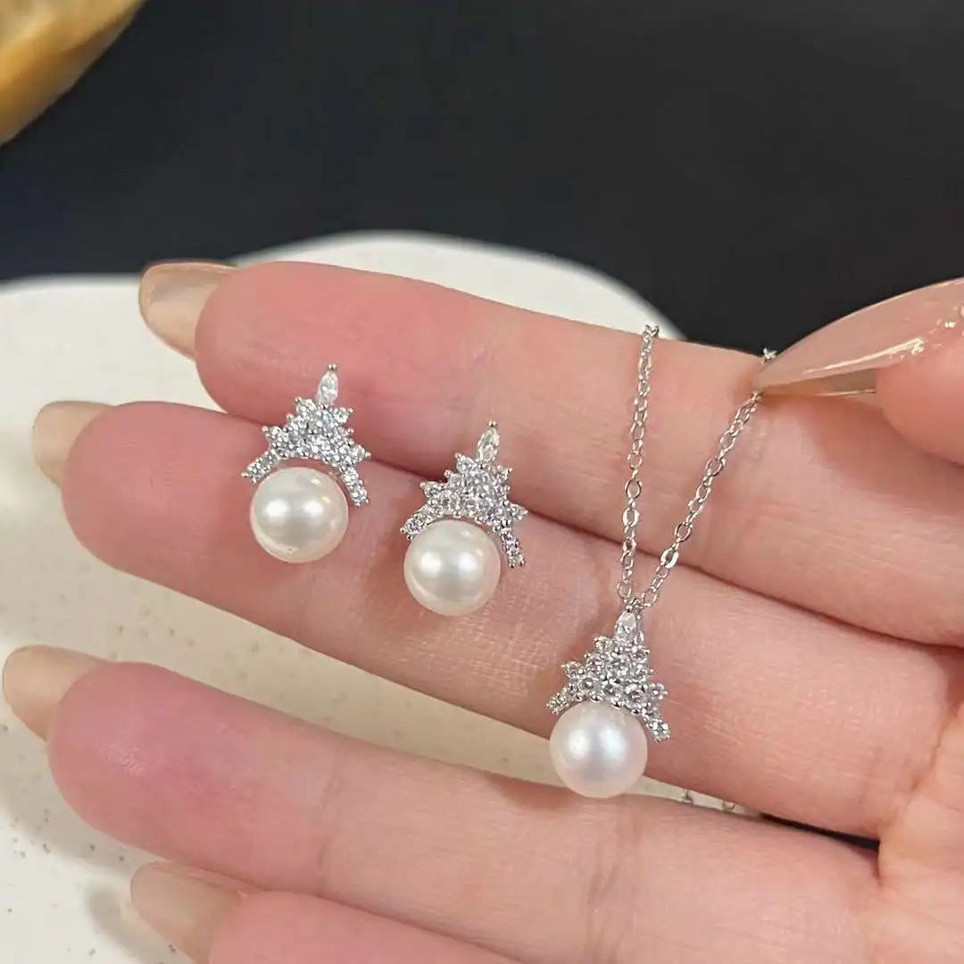 Queen Set Elegant S925 Sterling Silver 7-8MM Natural Freshwater Pearl Necklace and Earrings for Ice Snow Bread Jewelry