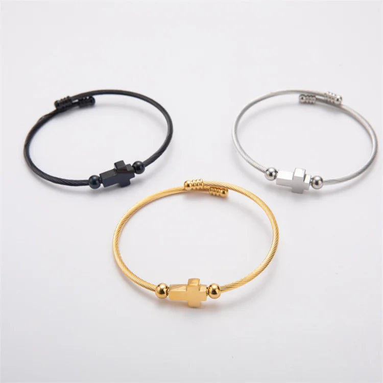Wholesale New Fashion Jewelry Titanium Steel 18k Gold Plated Twisted Opening Adjustable Cross Bracelet