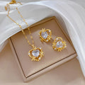 Fashion Gold Plated Crystal CZ Heart Stud Earrings Stainless Steel Chain Zircon CZ Flower Heart Shaped Necklace Jewelry Set