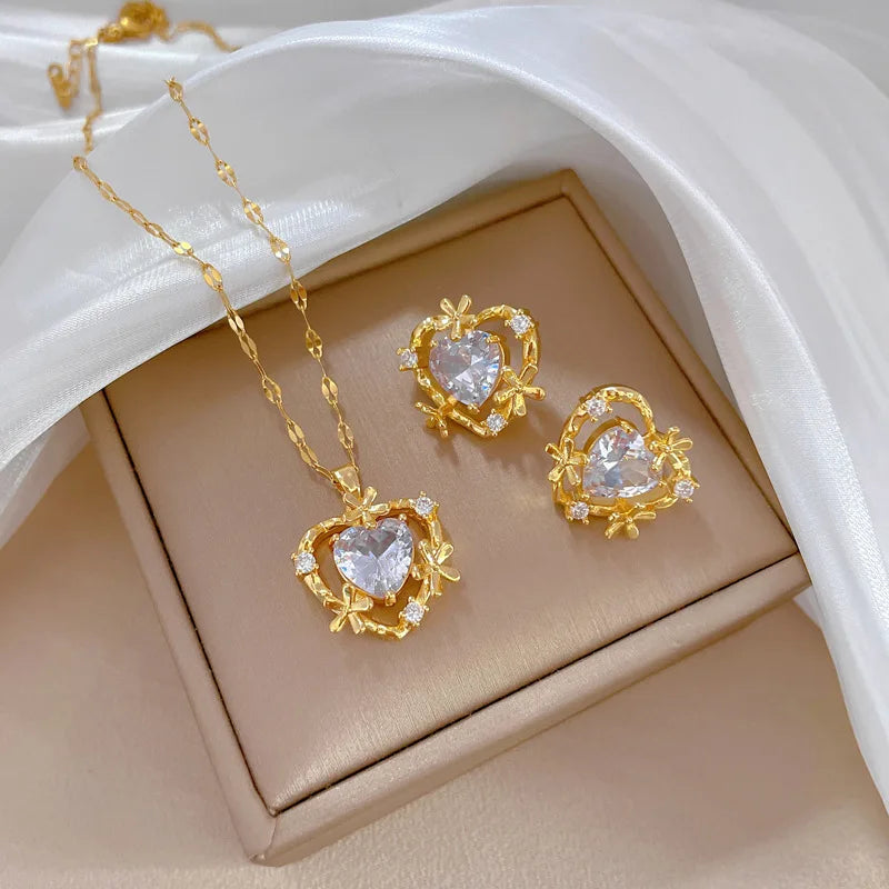 Fashion Gold Plated Crystal CZ Heart Stud Earrings Stainless Steel Chain Zircon CZ Flower Heart Shaped Necklace Jewelry Set