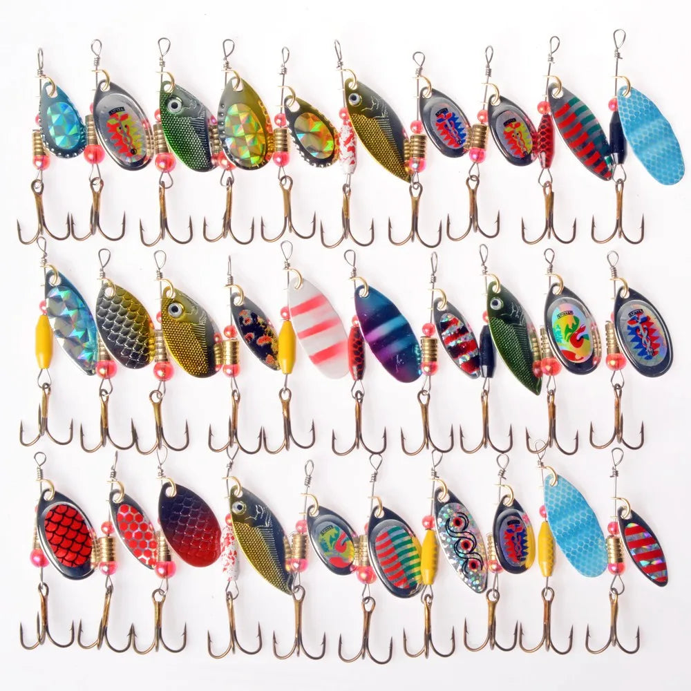 Metal Composite Sequin Pike Trout Fish Bait 30 Types Artificial Spinner Fishing Lure Set With Treble Hook