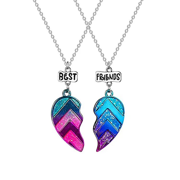 SC Fashion Heart Pendant BFF Necklace Creative Rainbow Color Two in One Best Friends Heart Friendship Necklace for Women Girls