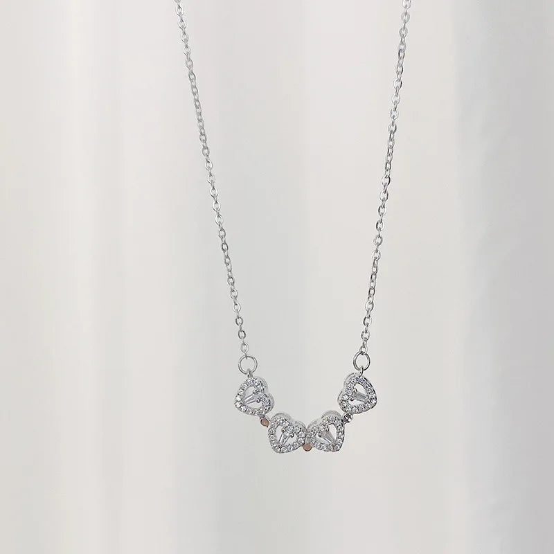 Hot Sale Stainless Steel Four Leaf Clover Pendant Necklace for Girls Romantic Heart Shaped Zircon Link Chain Collapsible Design