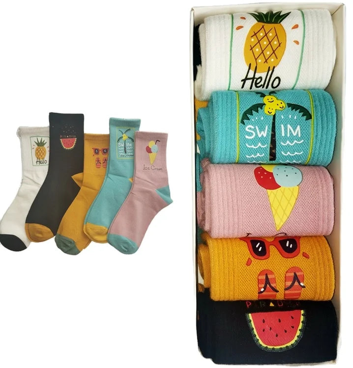 Fruit Print Socks Cute Ladies Girls Novelty Funny Fashion Boxed Cartoon Fancy Socks Women