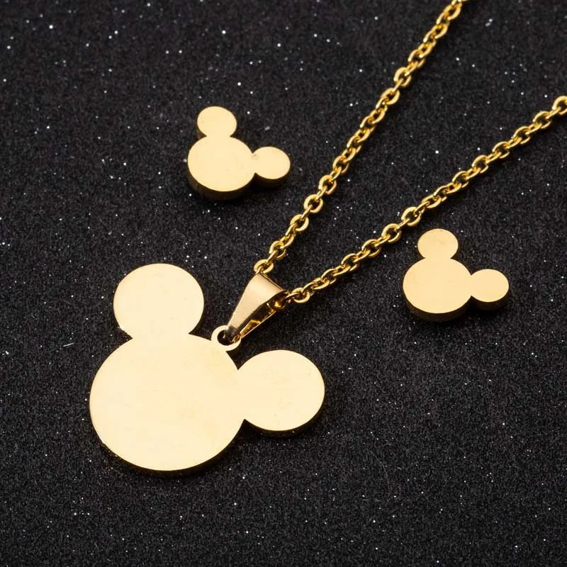 Wholesale Non Tarnish 18K Gold Silver Plated Stainless Steel Mickey Minnie Pendant Earring Necklace Jewelry Set for Women