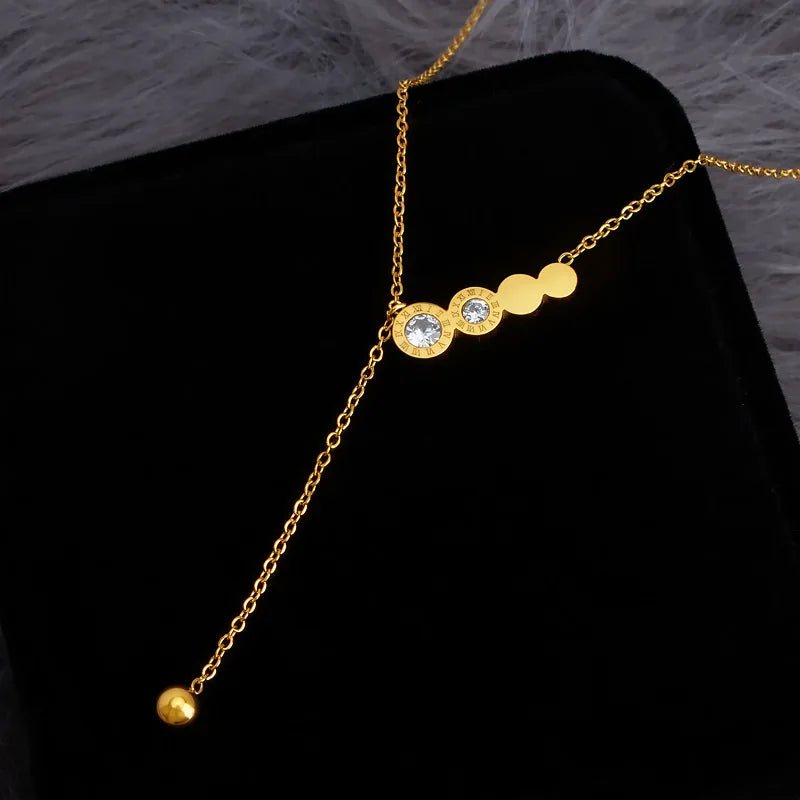 18K Gold Plated Roman Numerals Round Diamond Necklace Stainless Steel Round Ball Pendant Clavicle Chain Necklace