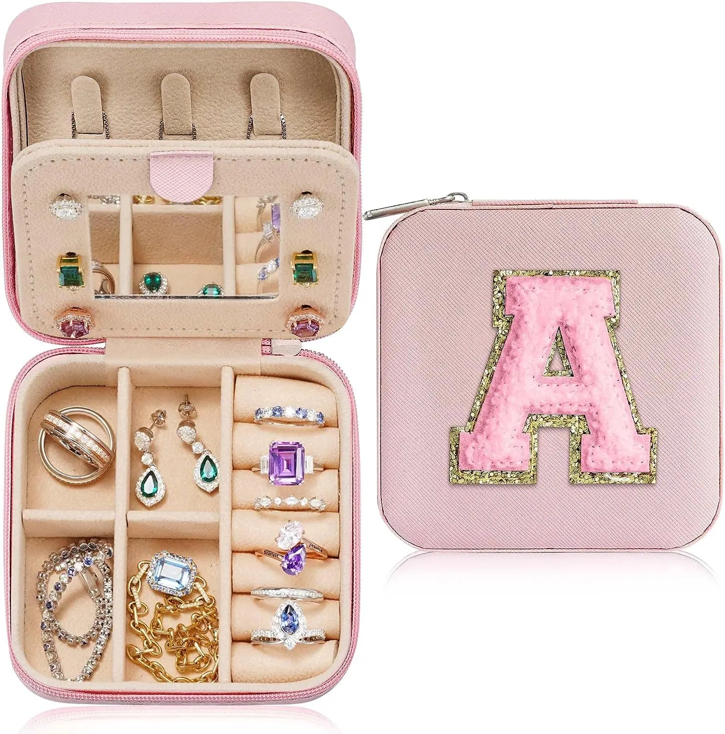 Luxury Double-Layer Small Earring Ring Necklace Jewelry Organizer Box Pu Leather Jewellery Travel Storage Case With Mirror