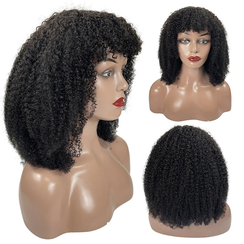 180% Density Natural Afro Curl Virgin Unprocessed Brazilian Hair Wig for Black Women Fast Shipping with Fringe