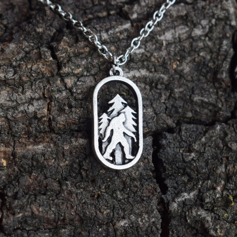 Sasquatch Bigfoot Charm Necklace with Link Chain Antique Silver Plated Alloy-Classic Anniversary Gift in the Mountain Design