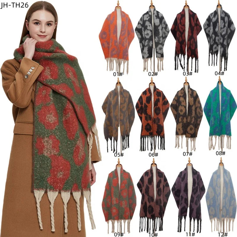 Landfond Accessory Winter Warm Big Leopard Print Jacquard Scarf Looped Yarn Coarse Fringe Scarf