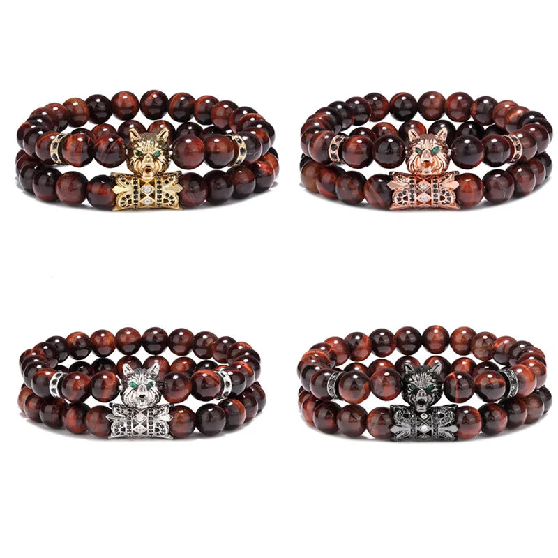 Wholesale Nordic Viking Celtic Beaded Bracelet Set with Silver Tiger Eye Stone Gold Plated Wolf Head Zircon Main Stone for Gift