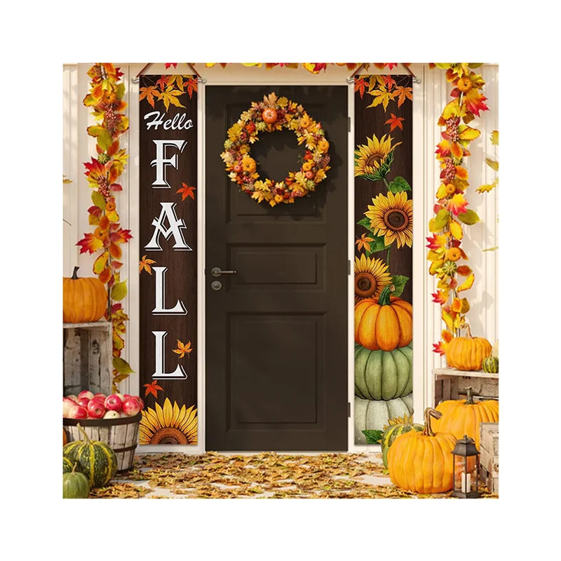Fuguide Thanksgiving Home Outdoor Fall Porch Banner Sign Maple Sunflower Front Door Decorative Hanging Welcome Banner Flag