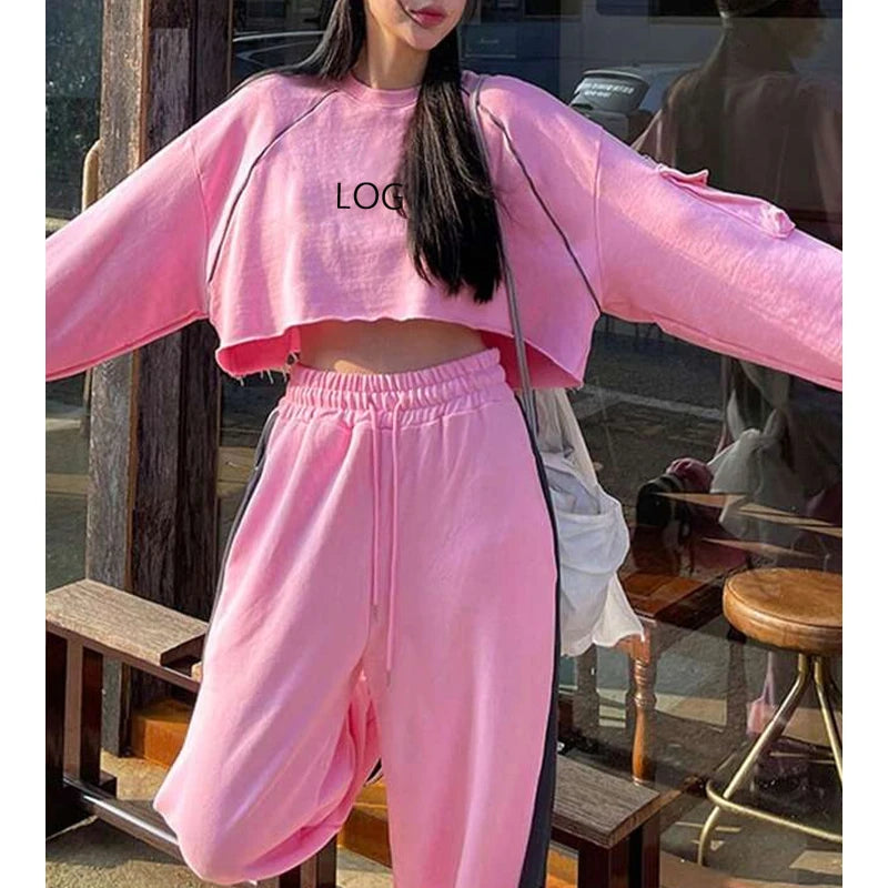 F240079 Custom Women's Hoodie Solid Color Tracksuit Raw Crop Top Sweatshirt Sweatpants Pink Fashion Sports Jogger Women's Sets