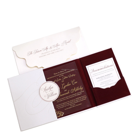 Unique Gate Fold Hardcover Invitations Gold Foiling Acrylic Wedding Invitation with Red Suede Liner