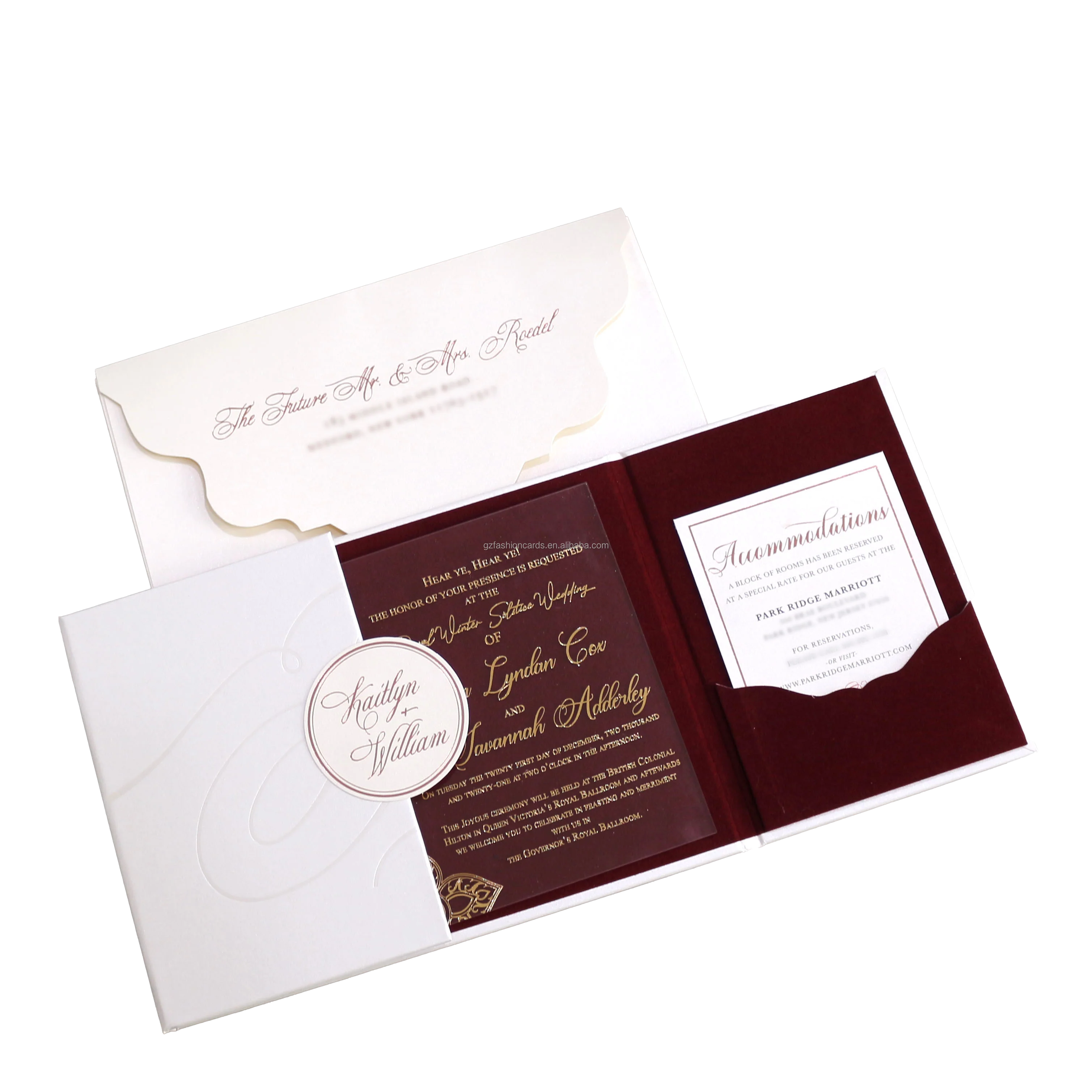 Unique Gate Fold Hardcover Invitations Gold Foiling Acrylic Wedding Invitation with Red Suede Liner