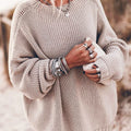 S-XL Women's Oversized Sweater Bat Sleeved Round Neck Pullover Top Coarse Knitted Pullover Sweater