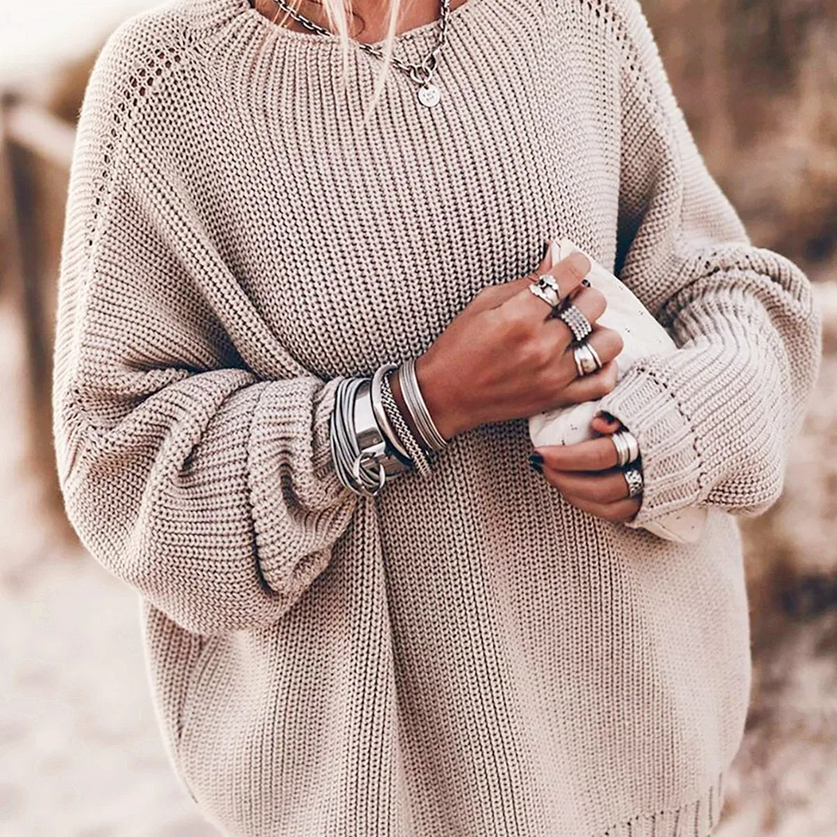 S-XL Women's Oversized Sweater Bat Sleeved Round Neck Pullover Top Coarse Knitted Pullover Sweater