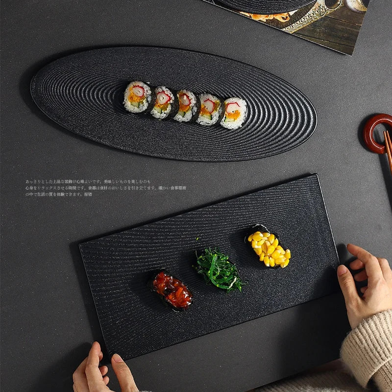 Frosted Black Large Sushi Tray Dessert Plate Commercial Cutlery Oblong Oval Ceramic Plate