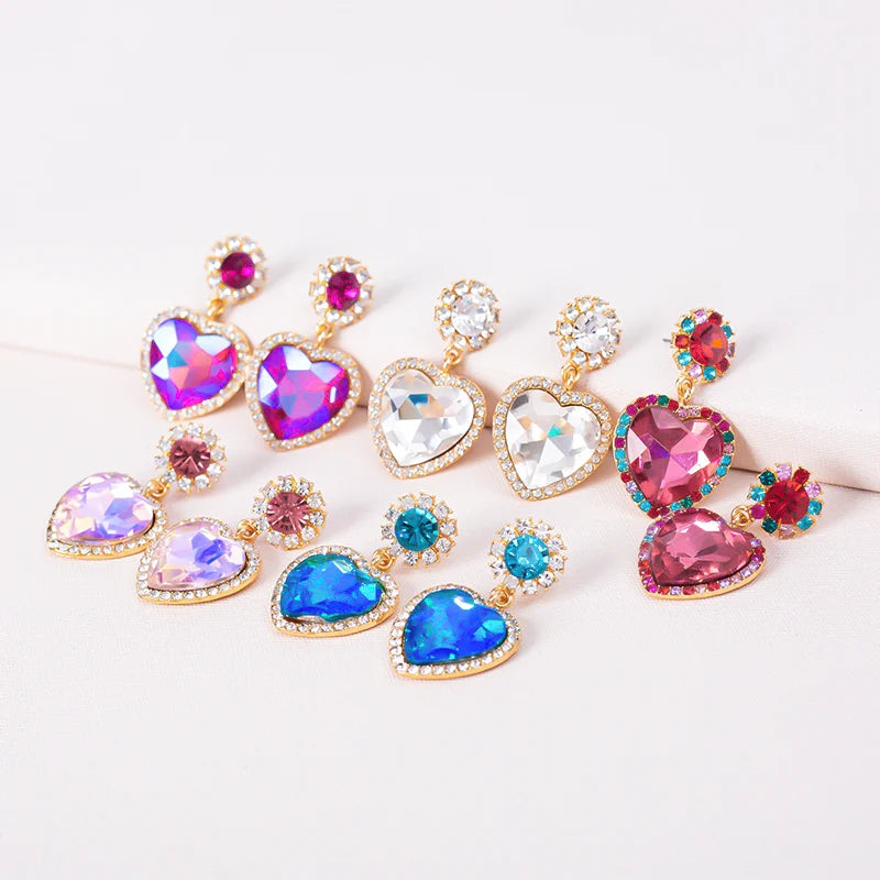 Wholesale Ins Double Layer Glass Heart Stud Earrings Multicolor Rhinestone Crystal Love Heart Drop Earrings