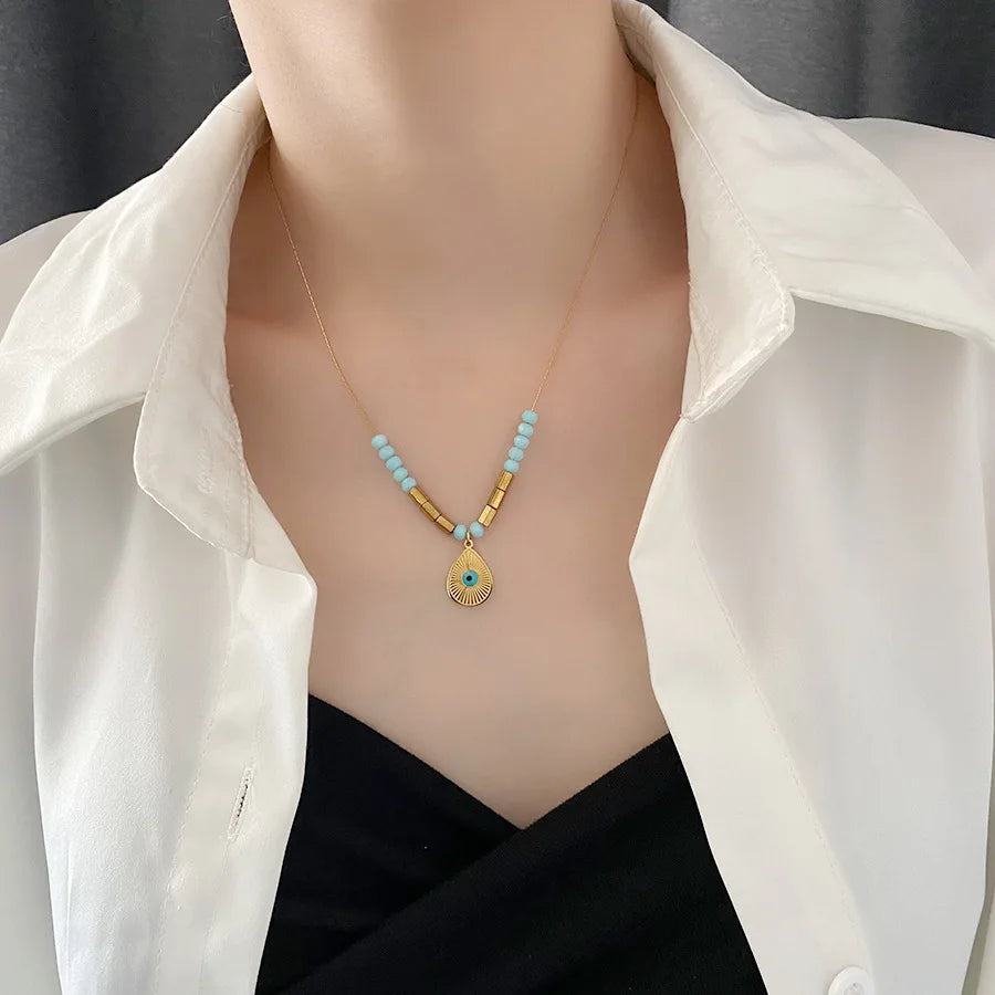 Ethnic Retro Blue Beaded Gold Plated Elephant Pendant Necklace Stainless Steel Round Eyes Water Drop Necklace