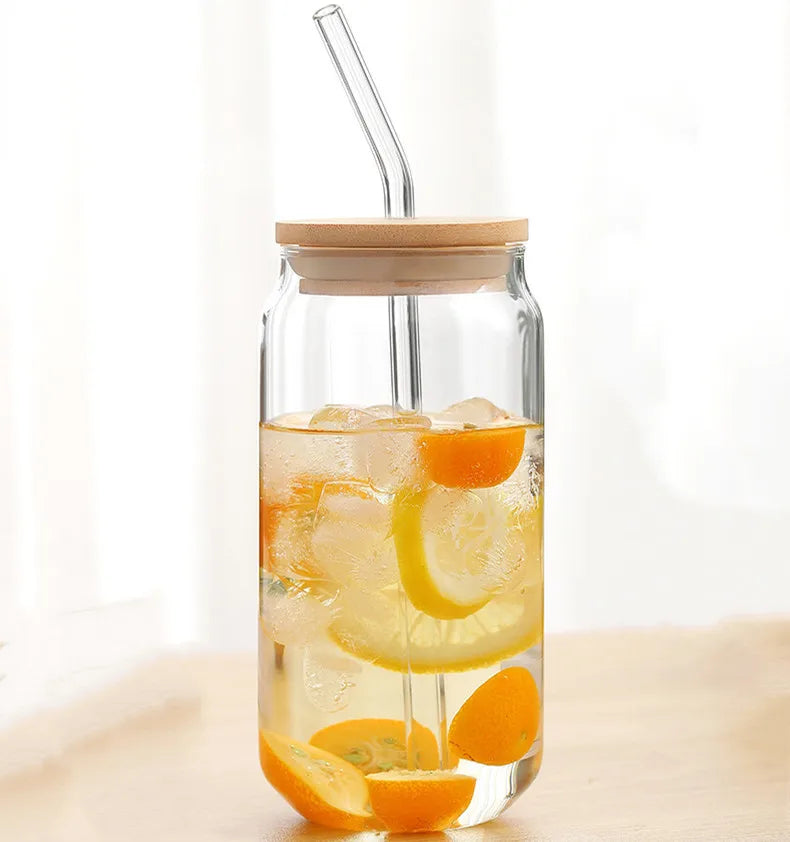 Drinking Glass 16 oz Can Shaped Boba Tea Glass Beer Can Cups with Bamboo Lids and Glass Straws for Juice Beverage Milk New Product Ideas 2023