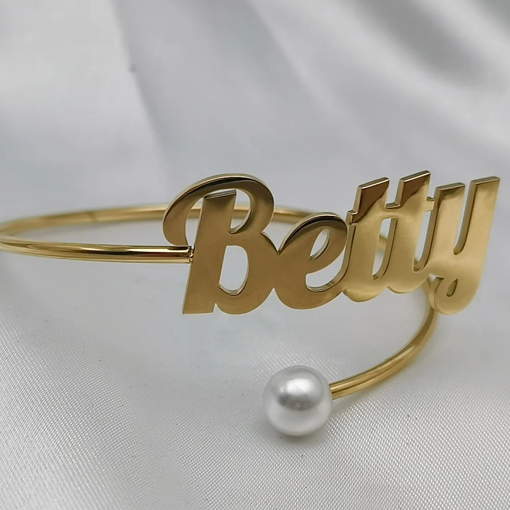 Qiuhan Stainless Steel Personalization Nameplate Name Letter Open Beads Bracelet Women Bangles Jewelry Gift